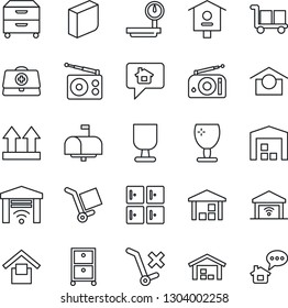 Thin Line Icon Set - checkroom vector, bird house, doctor case, fragile, cargo, warehouse storage, up side sign, no trolley, heavy scales, radio, blank box, archive, mailbox, garage gate control