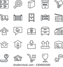 Thin Line Icon Set - checkroom vector, bird house, doctor case, container, fragile, cargo, warehouse storage, up side sign, no trolley, package, heavy scales, search, rack, radio, blank box, archive