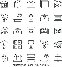 Thin Line Icon Set - checkroom vector, bird house, doctor case, container, fragile, cargo, warehouse storage, up side sign, no trolley, package, heavy scales, search, rack, radio, blank box, mailbox
