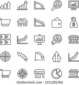 Thin Line Icon Set - checkroom vector, growth statistic, money bag, crisis graph, store, monitor statistics, pie, target, consumer search, arrow up, wallet, cart, presentation, storefront