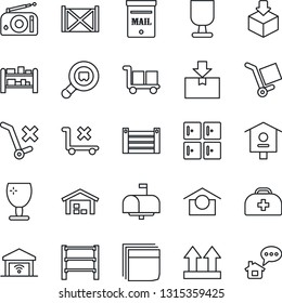 Thin Line Icon Set - checkroom vector, bird house, doctor case, container, fragile, cargo, warehouse storage, up side sign, no trolley, package, search, rack, radio, blank box, mailbox, home message