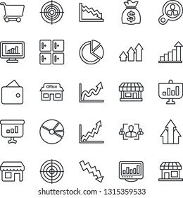 Thin Line Icon Set - checkroom vector, growth statistic, money bag, crisis graph, store, monitor statistics, pie, hr, target, consumer search, arrow up, wallet, cart, presentation, storefront
