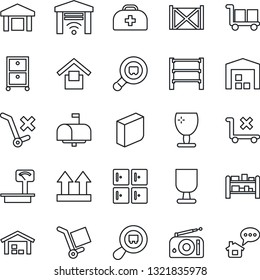 Thin Line Icon Set - checkroom vector, doctor case, container, fragile, cargo, warehouse storage, up side sign, no trolley, heavy scales, search, rack, radio, blank box, archive, mailbox