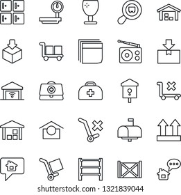 Thin Line Icon Set - checkroom vector, bird house, doctor case, container, fragile, cargo, warehouse storage, up side sign, no trolley, package, heavy scales, search, rack, radio, blank box, mailbox