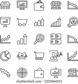 Thin Line Icon Set - checkroom vector, growth statistic, crisis graph, store, monitor statistics, pie, hr, target, consumer search, arrow up, wallet, cart, presentation, storefront