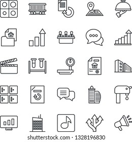Thin Line Icon Set - checkroom vector, growth statistic, monitor, document reload, blood test vial, route, navigation, railroad, heavy scales, clapboard, dialog, music, application, meeting, estate