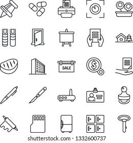 Thin Line Icon Set - checkroom vector, office building, identity card, presentation board, document, printer, pills, scalpel, paper pin, sd, stamp, book, pen, house with tree, sale, flower in pot