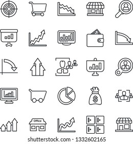 Thin Line Icon Set - checkroom vector, money bag, crisis graph, store, monitor statistics, pie, hr, target, consumer search, arrow up, wallet, growth, cart, presentation, storefront