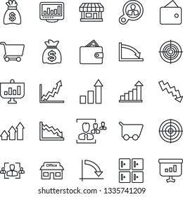 Thin Line Icon Set - checkroom vector, growth statistic, money bag, crisis graph, store, monitor statistics, hr, target, consumer search, arrow up, wallet, cart, presentation