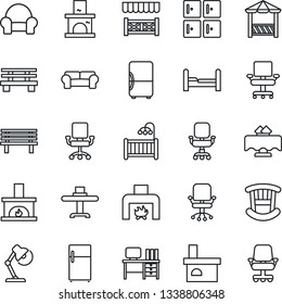 Thin Line Icon Set - checkroom vector, office chair, desk, bench, fireplace, lamp, bedroom, children room, cushioned furniture, restaurant table, alcove, fridge