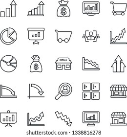 Thin Line Icon Set - checkroom vector, growth statistic, money bag, crisis graph, store, monitor statistics, pie, hr, consumer search, arrow up, cart, presentation, storefront