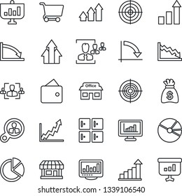 Thin Line Icon Set - checkroom vector, growth statistic, money bag, crisis graph, store, monitor statistics, pie, hr, target, consumer search, arrow up, wallet, cart, presentation