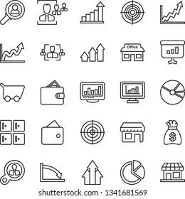 Thin Line Icon Set - checkroom vector, growth statistic, money bag, store, monitor statistics, pie graph, hr, target, consumer search, arrow up, wallet, crisis, cart, presentation, storefront