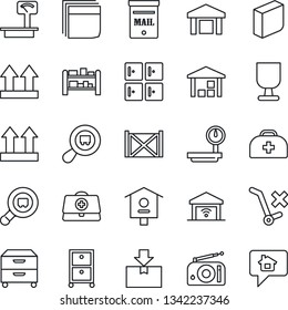Thin Line Icon Set - checkroom vector, bird house, doctor case, container, fragile, up side sign, no trolley, warehouse, package, heavy scales, search cargo, rack, radio, blank box, archive, mailbox