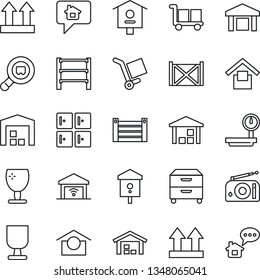 Thin Line Icon Set - checkroom vector, bird house, container, fragile, cargo, warehouse storage, up side sign, heavy scales, search, rack, radio, archive box, garage gate control, home message
