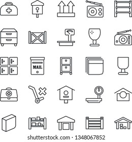 Thin Line Icon Set - checkroom vector, bird house, doctor case, container, fragile, warehouse storage, up side sign, no trolley, heavy scales, rack, radio, blank box, archive, mailbox