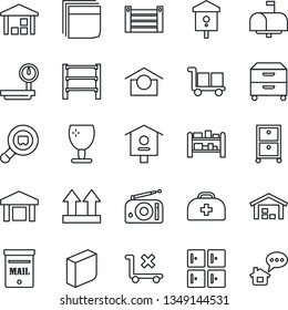 Thin Line Icon Set - checkroom vector, bird house, doctor case, container, fragile, cargo, warehouse storage, up side sign, no trolley, heavy scales, search, rack, radio, blank box, archive, mailbox