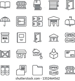 Thin Line Icon Set - checkroom vector, book, store, container, umbrella, package, mail, scanner, folder, copybook, document, mailbox, open close, home control, jalousie, garage gate, door
