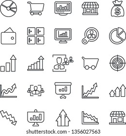 Thin Line Icon Set - checkroom vector, growth statistic, money bag, crisis graph, store, monitor statistics, pie, hr, target, consumer search, arrow up, wallet, cart, presentation, storefront