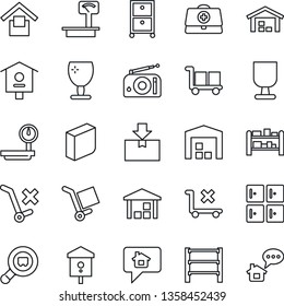 Thin Line Icon Set - checkroom vector, bird house, doctor case, fragile, cargo, warehouse storage, no trolley, package, heavy scales, search, rack, radio, blank box, archive, home message
