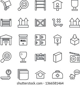 Thin Line Icon Set - checkroom vector, bird house, doctor case, container, fragile, cargo, warehouse storage, up side sign, no trolley, package, heavy scales, search, rack, radio, blank box, mailbox