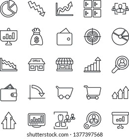 Thin Line Icon Set - checkroom vector, growth statistic, money bag, crisis graph, store, monitor statistics, pie, hr, target, consumer search, arrow up, wallet, cart, presentation
