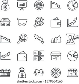 Thin Line Icon Set - checkroom vector, money bag, crisis graph, store, pie, hr, target, consumer search, arrow up, wallet, growth, cart, presentation, storefront