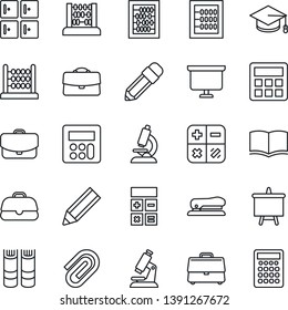 Thin Line Icon Set - checkroom vector, book, calculator, graduate, abacus, presentation board, microscope, case, paper clip, pencil, stapler