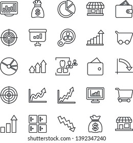 Thin Line Icon Set - checkroom vector, growth statistic, money bag, crisis graph, store, monitor statistics, pie, hr, target, consumer search, arrow up, wallet, cart, presentation, storefront