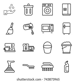thin line icon set : chemical industry, bin, washing machine, fridge, broom, mixer, microwave oven, coffee maker, food processor, bucket, foam, plunger, brush, toilet cleanser