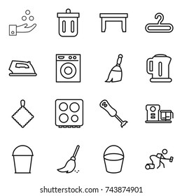 thin line icon set : chemical industry, bin, table, hanger, iron, washing machine, broom, kettle, rag, hob, blender, food processor, bucket, vacuum cleaner