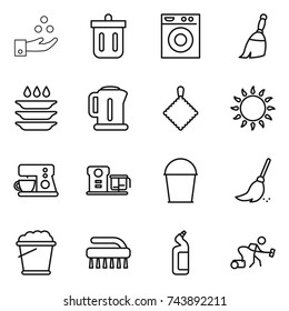 thin line icon set : chemical industry, bin, washing machine, broom, plate, kettle, rag, gas oven, coffee maker, food processor, bucket, foam, brush, toilet cleanser, vacuum cleaner