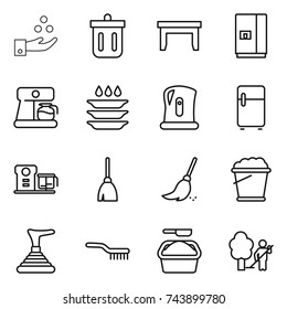 thin line icon set : chemical industry, bin, table, fridge, coffee maker, plate washing, kettle, food processor, broom, foam bucket, plunger, brush, powder, garden cleaning