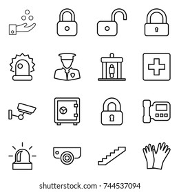 thin line icon set : chemical industry, lock, unlock, alarm, security man, detector, first aid, surveillance, safe, locked, intercome, camera, stairs, gloves