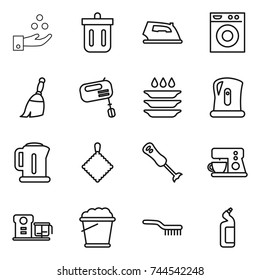 thin line icon set : chemical industry, bin, iron, washing machine, broom, mixer, plate, kettle, rag, blender, coffee maker, food processor, foam bucket, brush, toilet cleanser