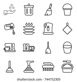 thin line icon set : chemical industry, bin, broom, bucket, mixer, plate washing, kettle, rag, coffee maker, food processor, plunger, brush, powder