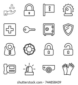 thin line icon set : chemical industry, lock, important flag, alarm, first aid, key, safe, shield, life vest, lifebuoy, locked, unlocked, intercome, surveillance camera, gloves