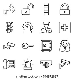 thin line icon set : chemical industry, unlock, stairs, lock, traffic light, alarm, security man, first aid, surveillance, key, safe, life vest, intercome, camera