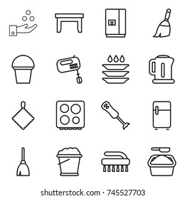 thin line icon set : chemical industry, table, fridge, broom, bucket, mixer, plate washing, kettle, rag, hob, blender, foam, brush, powder