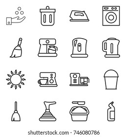 thin line icon set : chemical industry, bin, iron, washing machine, broom, coffee maker, kettle, gas oven, food processor, bucket, plunger, powder, toilet cleanser
