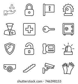 thin line icon set : chemical industry, lock, important flag, alarm, security man, first aid, key, safe, shield, unlocked, intercome, surveillance camera, stairs, gloves