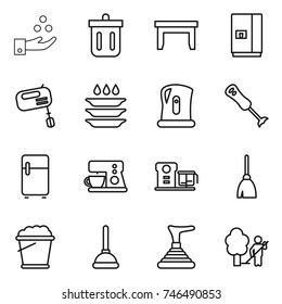 thin line icon set : chemical industry, bin, table, fridge, mixer, plate washing, kettle, blender, coffee maker, food processor, broom, foam bucket, plunger, garden cleaning