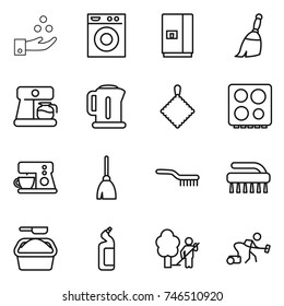 thin line icon set : chemical industry, washing machine, fridge, broom, coffee maker, kettle, rag, hob, brush, powder, toilet cleanser, garden cleaning, vacuum cleaner