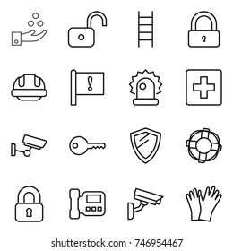 thin line icon set : chemical industry, unlock, stairs, lock, building helmet, important flag, alarm, first aid, surveillance, key, shield, lifebuoy, locked, intercome, camera, gloves