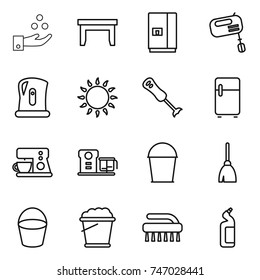 thin line icon set : chemical industry, table, fridge, mixer, kettle, gas oven, blender, coffee maker, food processor, bucket, broom, foam, brush, toilet cleanser