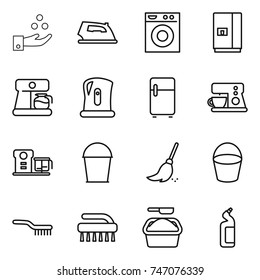 thin line icon set : chemical industry, iron, washing machine, fridge, coffee maker, kettle, food processor, bucket, broom, brush, powder, toilet cleanser