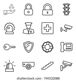 thin line icon set : chemical industry, lock, traffic light, alarm, security man, first aid, surveillance, key, shield, lifebuoy, intercome, camera, stairs