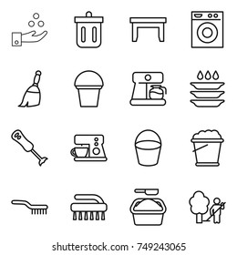 thin line icon set : chemical industry, bin, table, washing machine, broom, bucket, coffee maker, plate, blender, foam, brush, powder, garden cleaning