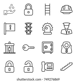 thin line icon set : chemical industry, lock, stairs, building helmet, important flag, traffic light, alarm, security man, detector, key, safe, life vest, locked, unlocked, intercome