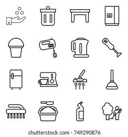 thin line icon set : chemical industry, bin, table, fridge, bucket, mixer, kettle, blender, coffee maker, vacuum cleaner, plunger, brush, washing powder, toilet cleanser, garden cleaning
